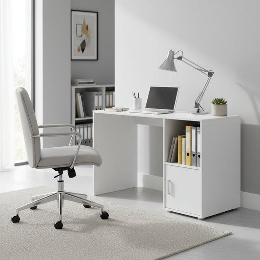 Bureau blanc avec bibliothèque intégrée